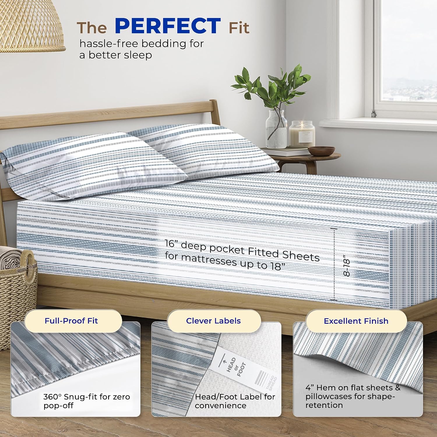 JUEGO DE SÁBANAS THREAD SPREAD EGYPTIAN COTTON KING SIZE 4 PIEZAS RAYAS PUNTEADAS - 4