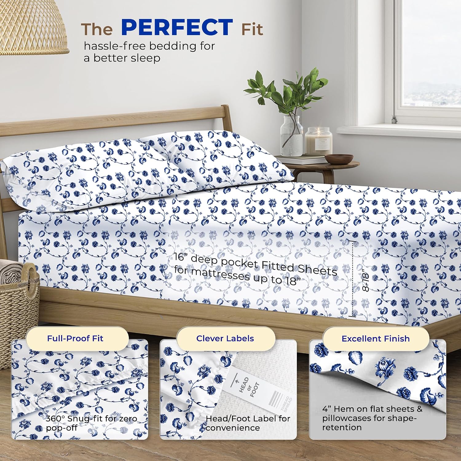 JUEGO DE SÁBANAS THREAD SPREAD EGYPTIAN COTTON QUEEN 4 PIEZAS AZUL FLORAL - 4