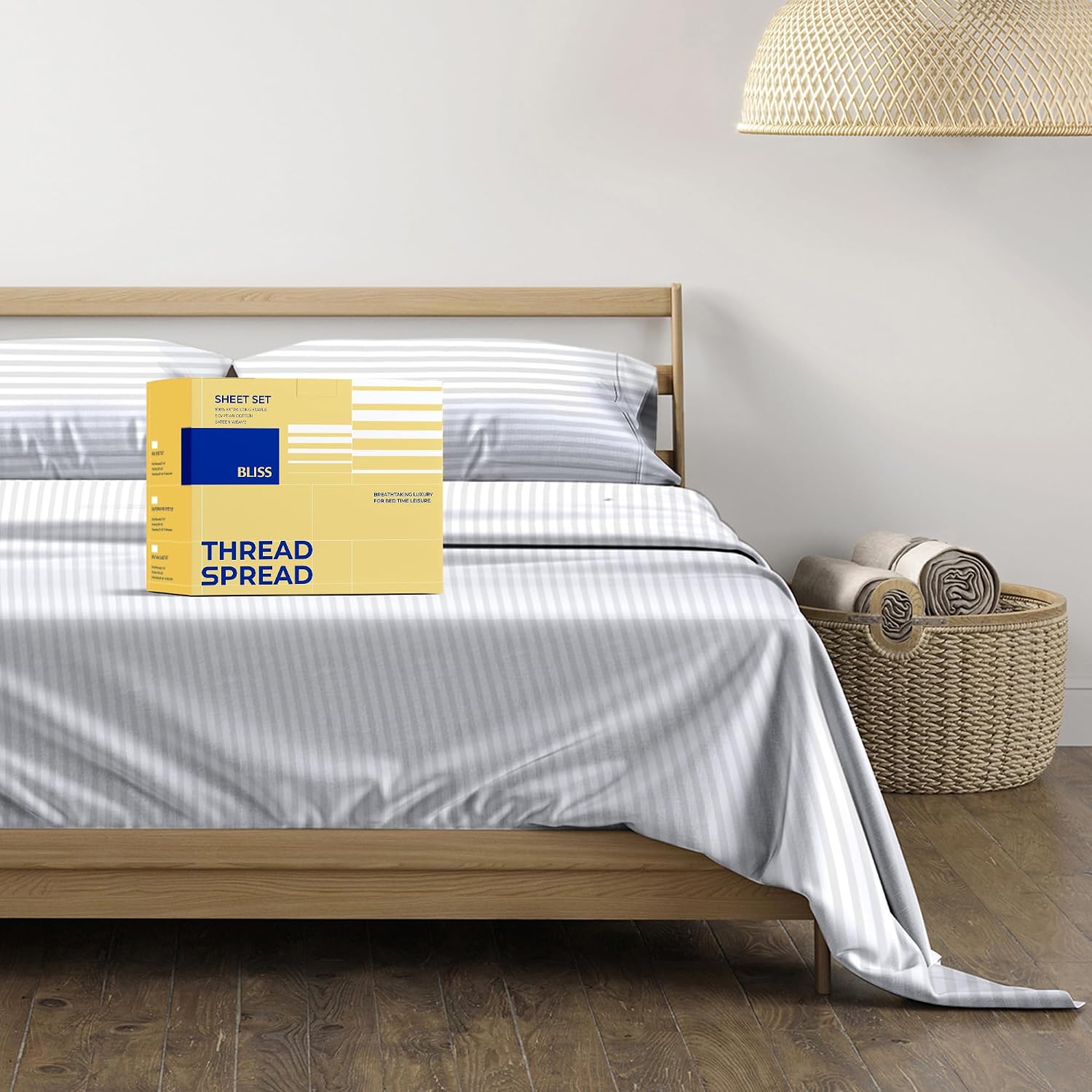 JUEGO DE SÁBANAS THREAD SPREAD EGYPTIAN COTTON KING SIZE 4 PIEZAS BLANCO CON RAYAS - 1
