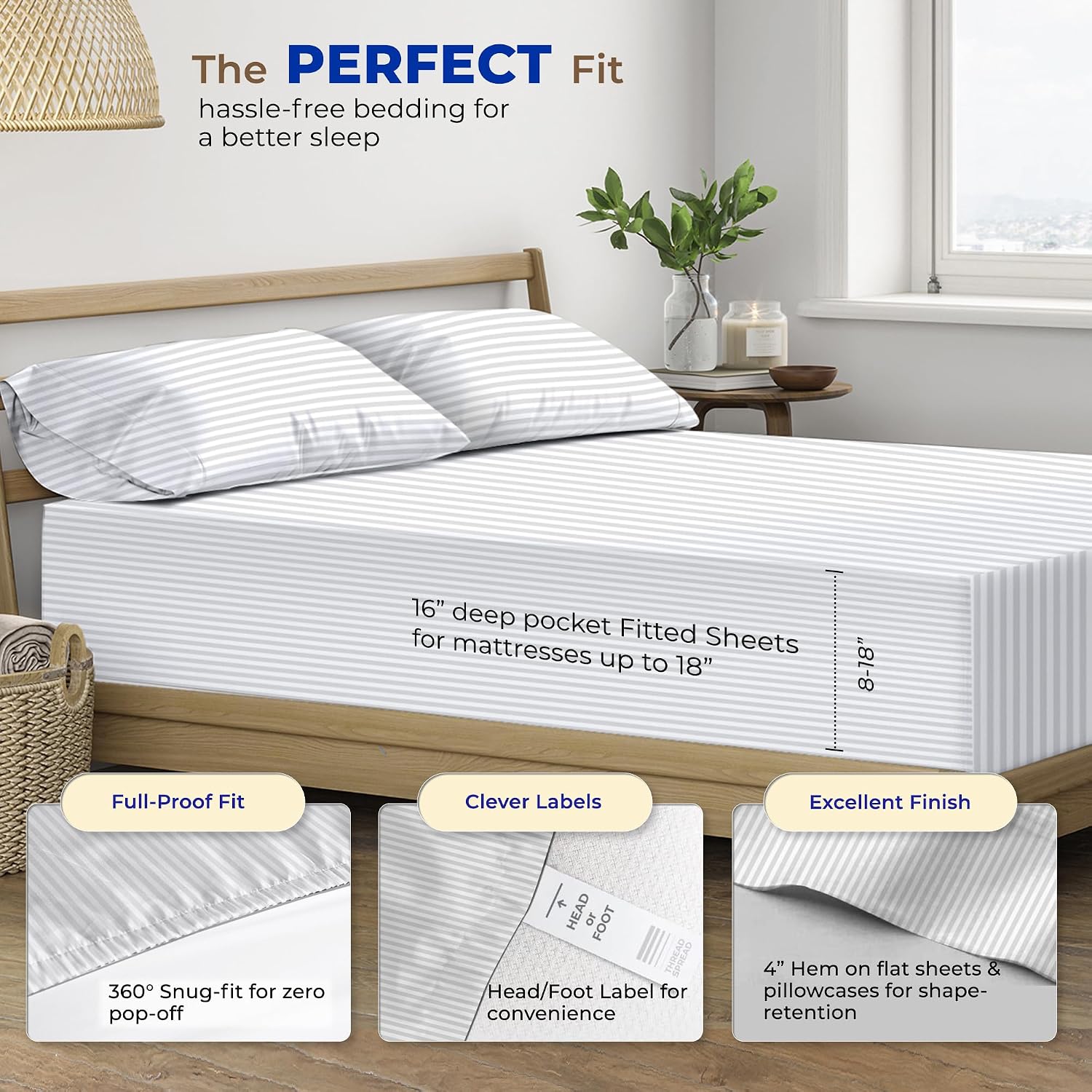 JUEGO DE SÁBANAS THREAD SPREAD EGYPTIAN COTTON KING SIZE 4 PIEZAS BLANCO CON RAYAS - 4