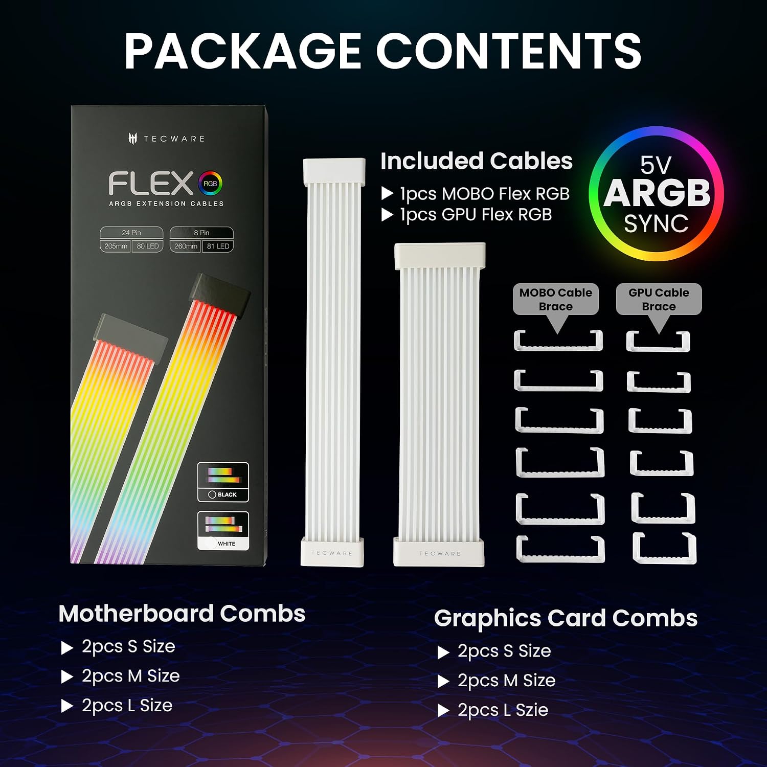 KIT DE CUBIERTAS PARA CABLES TECWARE FLEX RGB COMPATIBLE CON MOTHERBOARD 24 PINES Y GPU 8/16 PINES BLANCO - 4