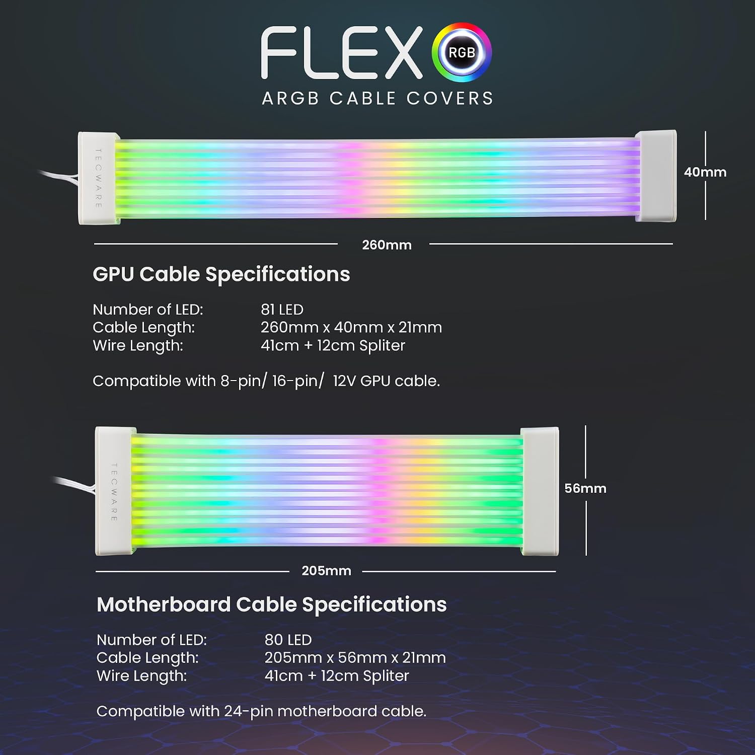 KIT DE CUBIERTAS PARA CABLES TECWARE FLEX RGB COMPATIBLE CON MOTHERBOARD 24 PINES Y GPU 8/16 PINES BLANCO - 5