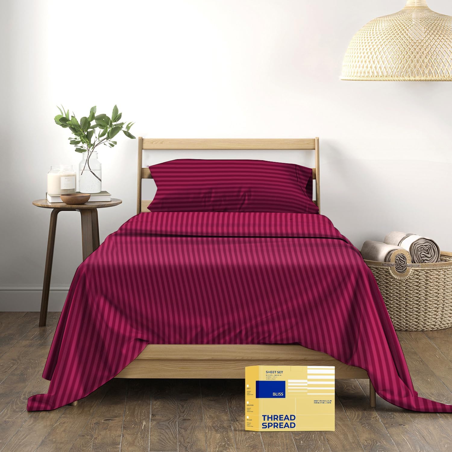 JUEGO DE SÁBANAS THREAD SPREAD EGYPTIAN COTTON TWIN XL 3 PIEZAS RAYAS BURDEOS - 1