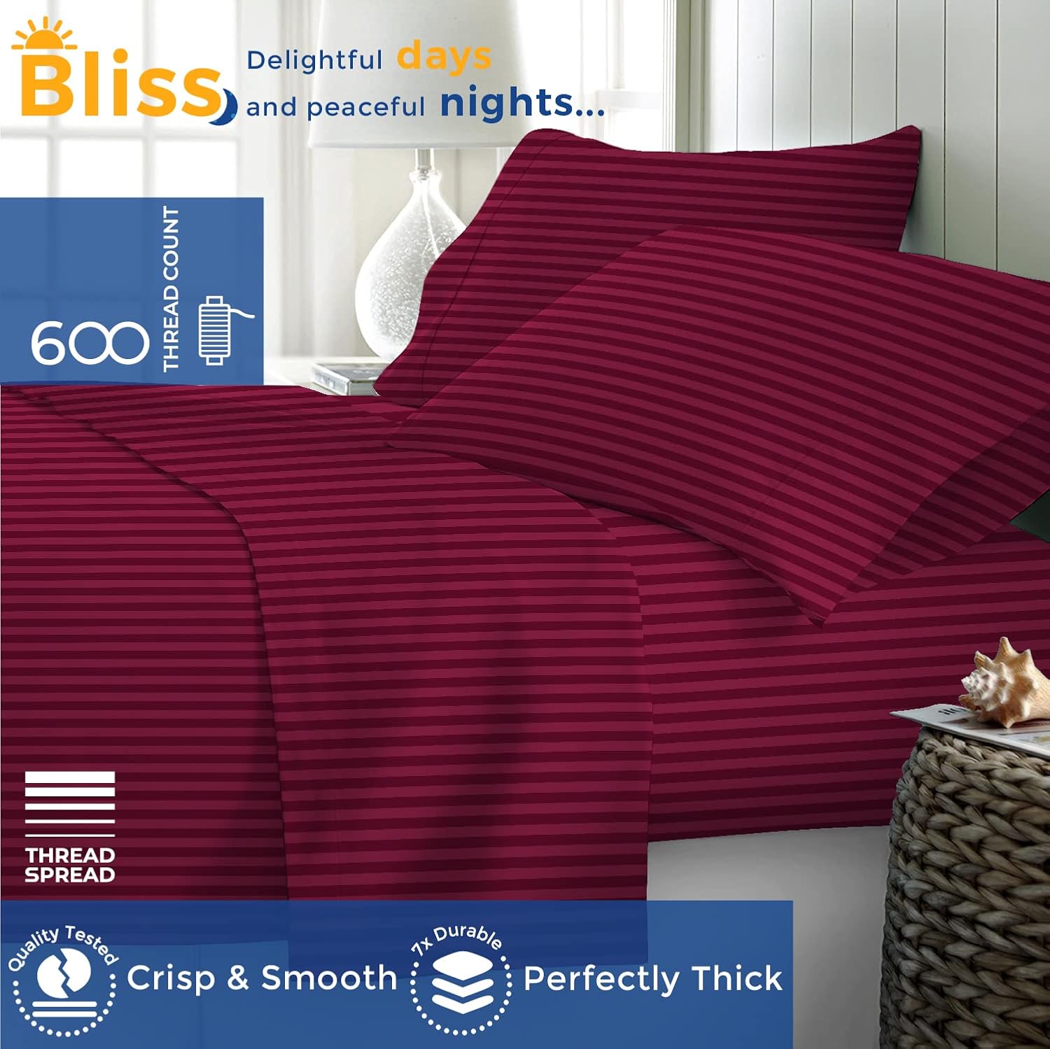 JUEGO DE SÁBANAS THREAD SPREAD EGYPTIAN COTTON TWIN XL 3 PIEZAS RAYAS BURDEOS - 2