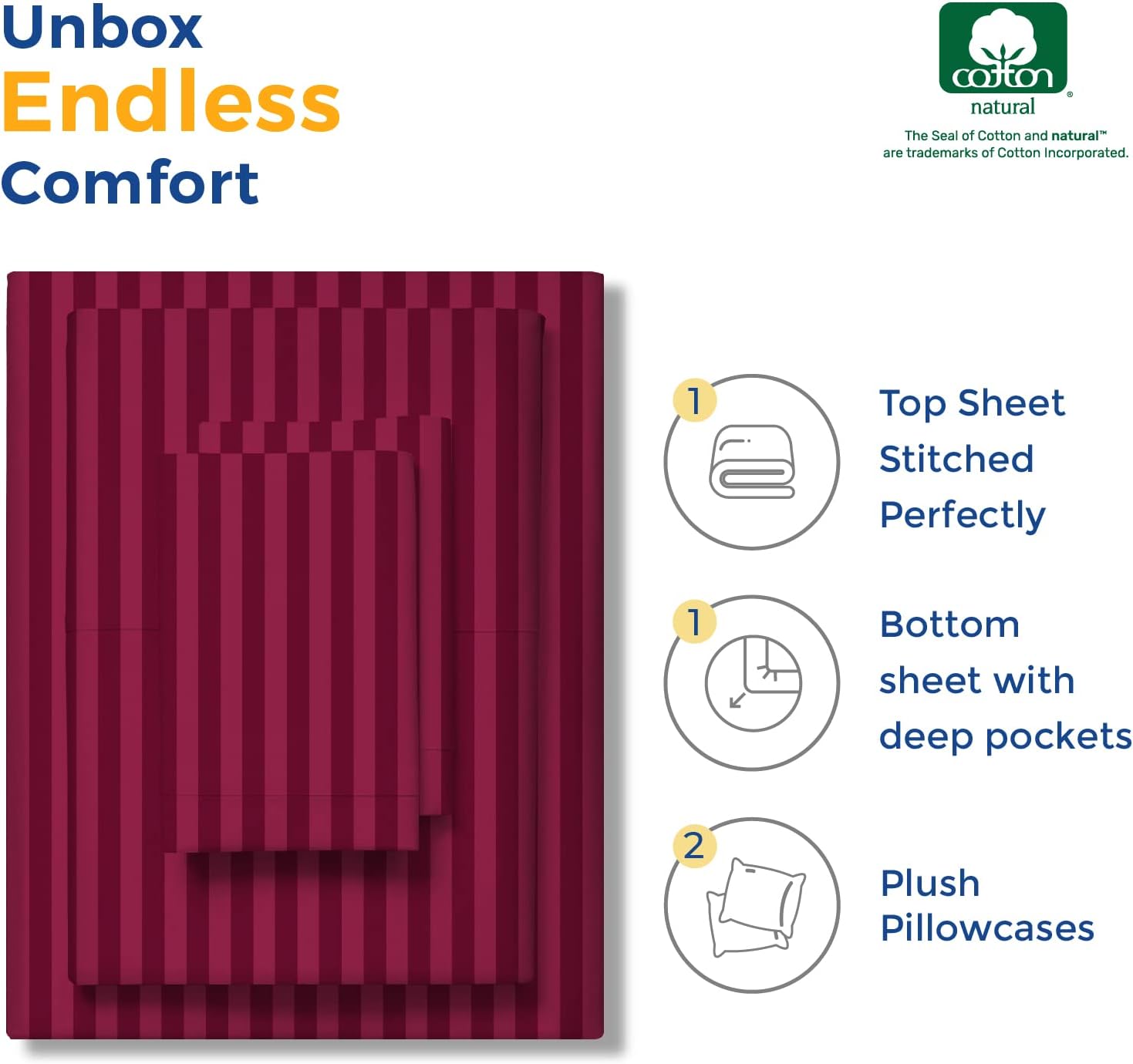 JUEGO DE SÁBANAS THREAD SPREAD EGYPTIAN COTTON TWIN XL 3 PIEZAS RAYAS BURDEOS - 4