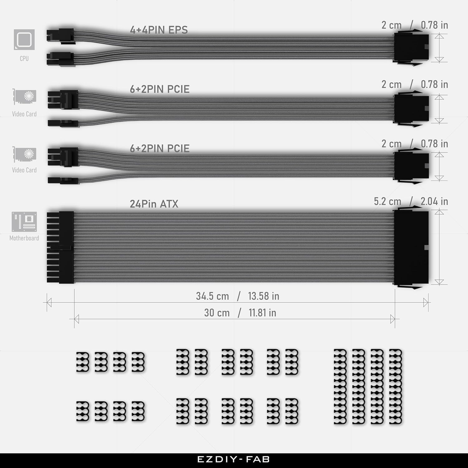 KIT DE EXTENSIÓN DE CABLE PSU EZDIY-FAB 18AWG ATX/EPS/PCIE 30CM CARBÓN - 3