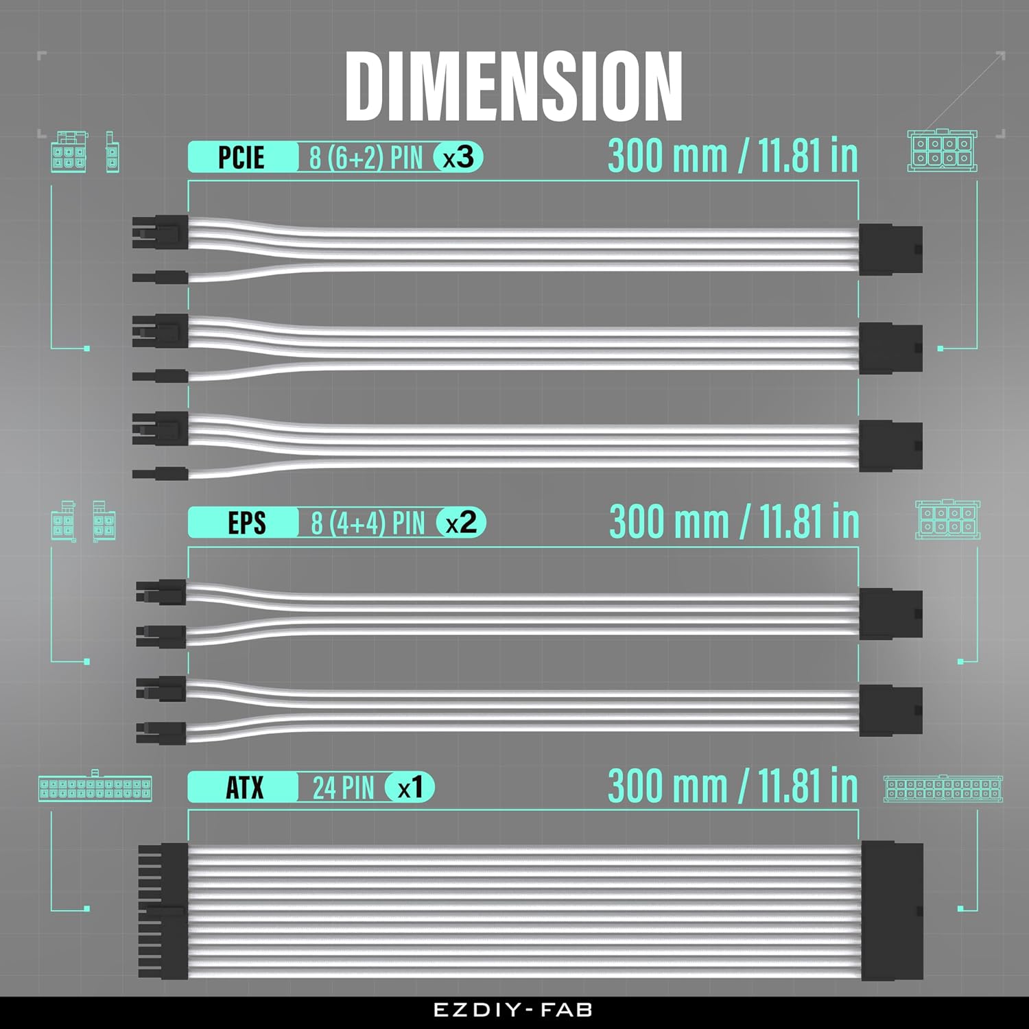 KIT DE EXTENSIÓN DE FUENTE DE PODER EZDIY-FAB 16AWG 300MM 24 PINES/2XEPS/3XPCIE BLANCO - 2