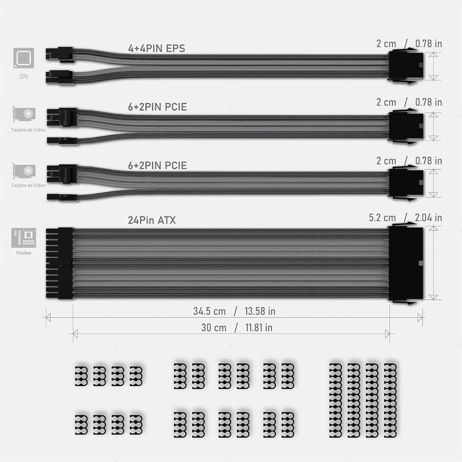 KIT DE EXTENSIÓN DE CABLES PSU EZDIY-FAB 18AWG ATX/EPS/PCIE 30CM NEGRO GRIS - 2