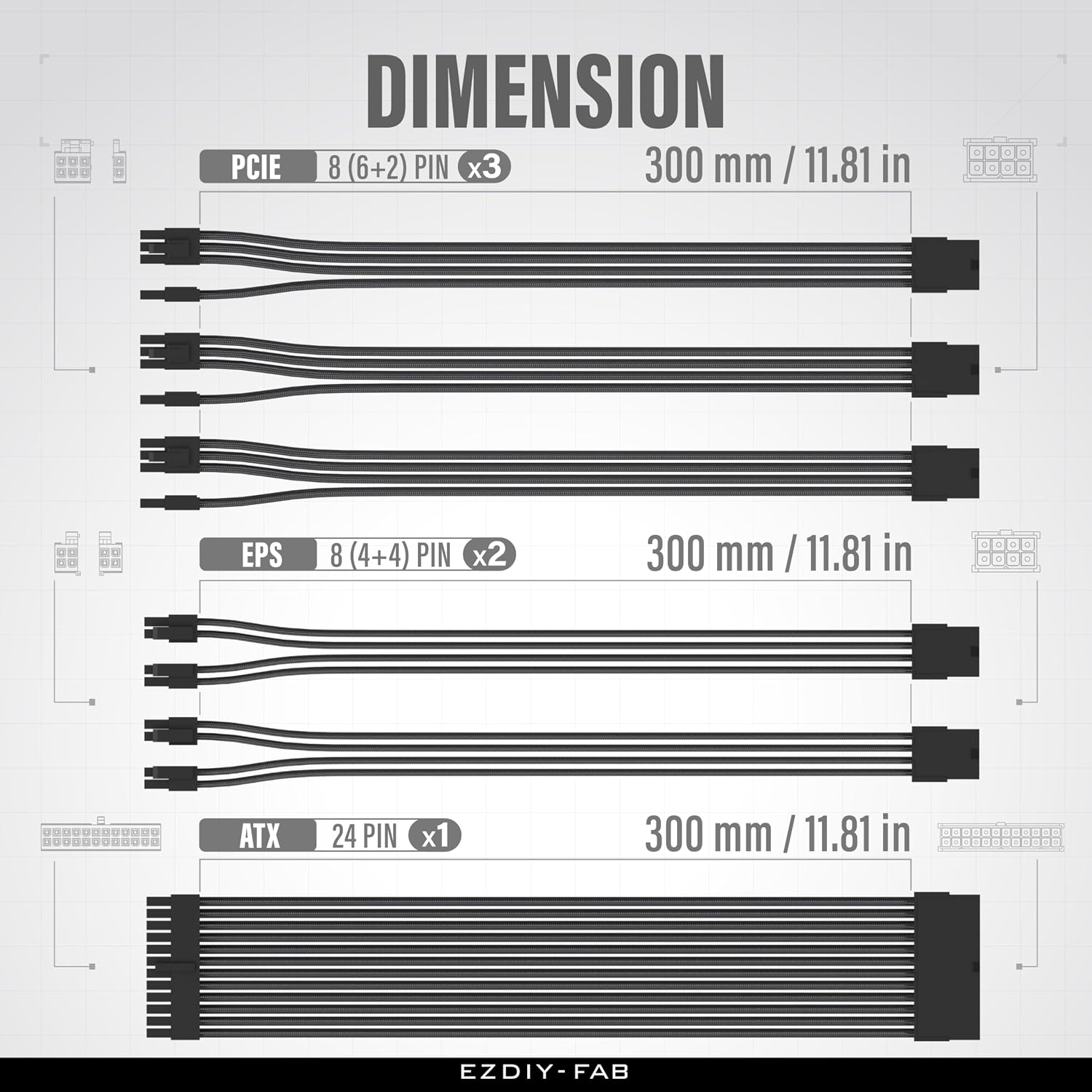 KIT DE EXTENSIÓN DE FUENTE DE PODER EZDIY-FAB 16AWG 300MM 24 PINES/2XEPS/3XPCIE NEGRO - 2