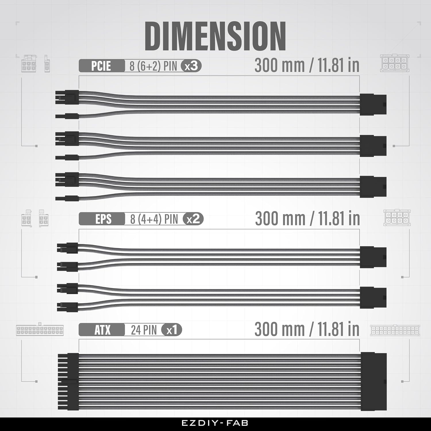 KIT DE EXTENSIÓN DE FUENTE DE PODER EZDIY-FAB 16AWG 300MM 24 PINES/2XEPS/3XPCIE CARBON - 2