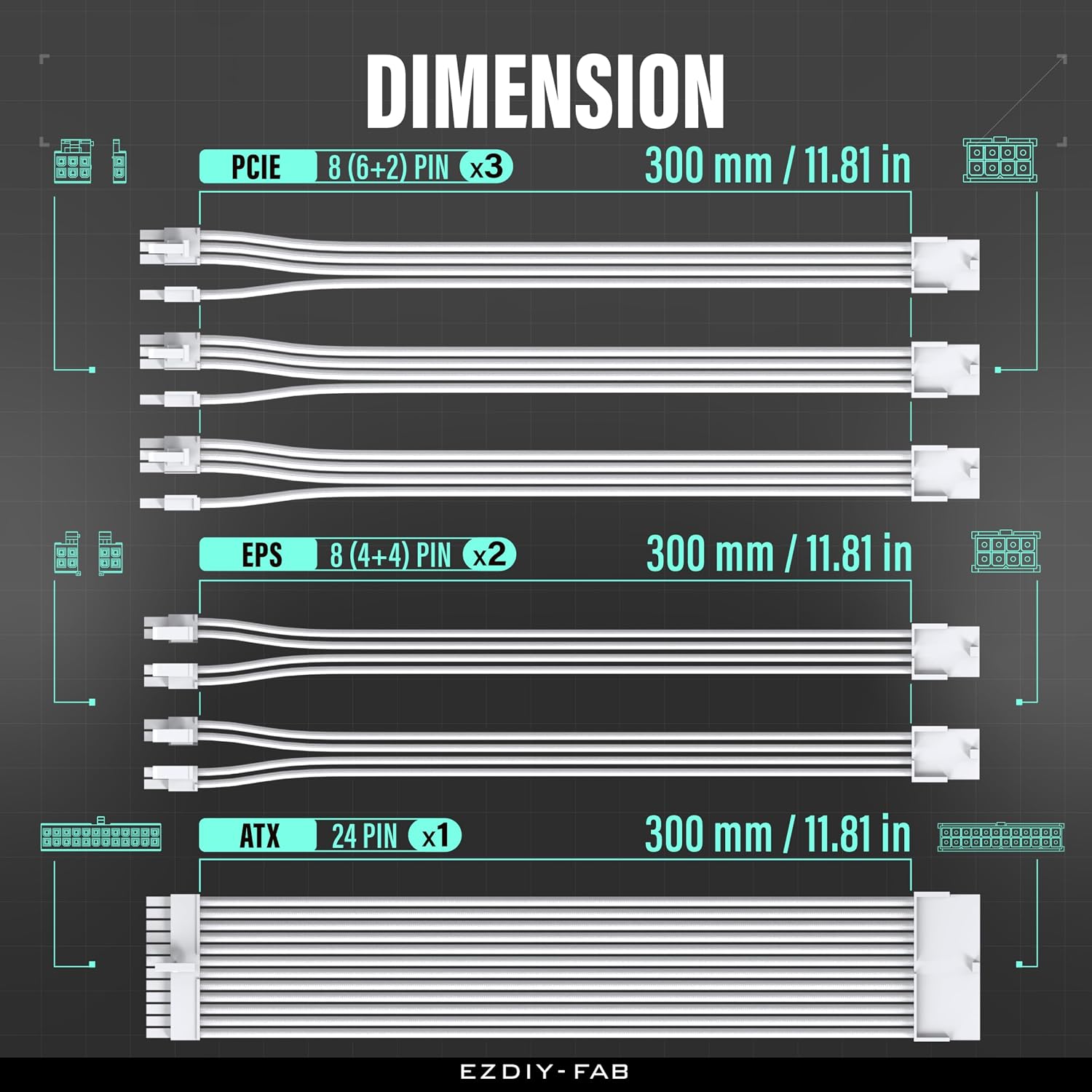 KIT DE EXTENSIÓN DE FUENTE DE PODER EZDIY-FAB 16AWG 300MM 24 PINES 2XEPS 3XPCIE BLANCO - 2