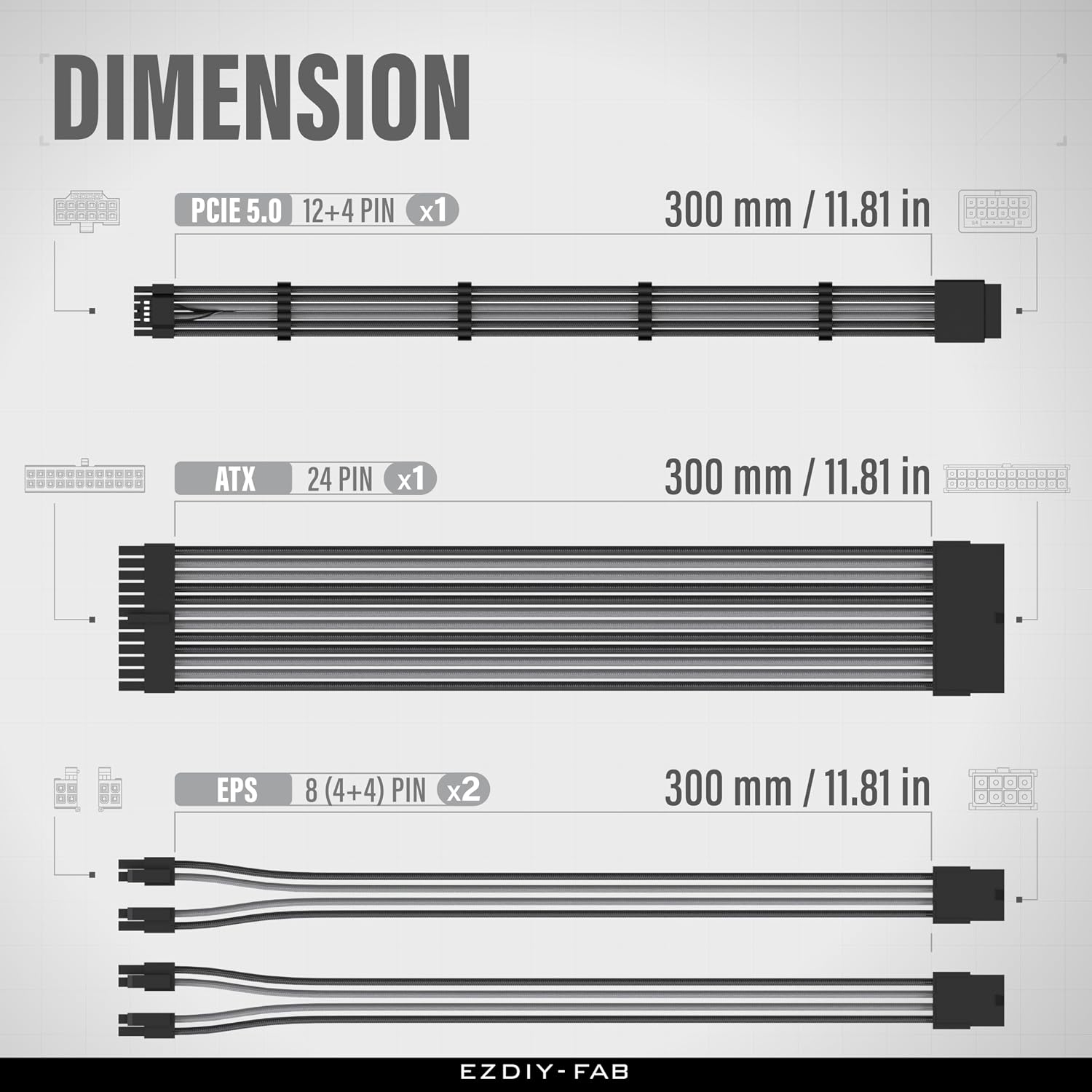 KIT DE EXTENSIÓN DE CABLES EZDIY-FAB 12VHPWR PSU 1X24-PIN/2XEPS/1X12+4 PIN NEGRO GRIS - 2