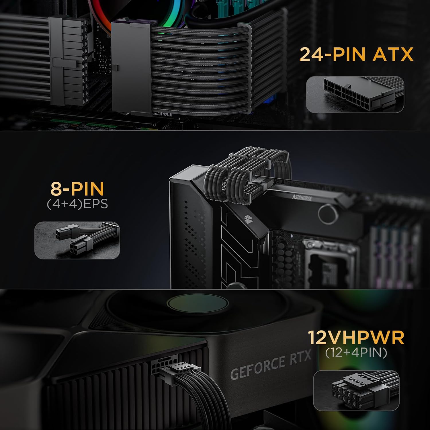 KIT DE EXTENSIÓN DE CABLE ASIAHORSE 12VHPWR 30 CM PARA PSU CON 24PIN ATX, 4+4PIN EPS Y 12+4PIN PCIE 5.0 - 5