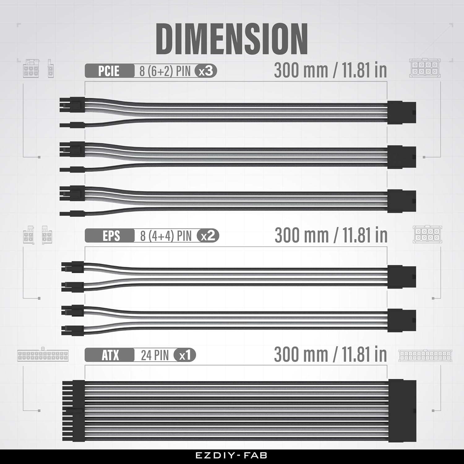 KIT DE EXTENSIÓN DE FUENTE DE PODER EZDIY-FAB 16AWG 300MM 24 PINES/2XEPS/3XPCIE NEGRO GRIS - 2