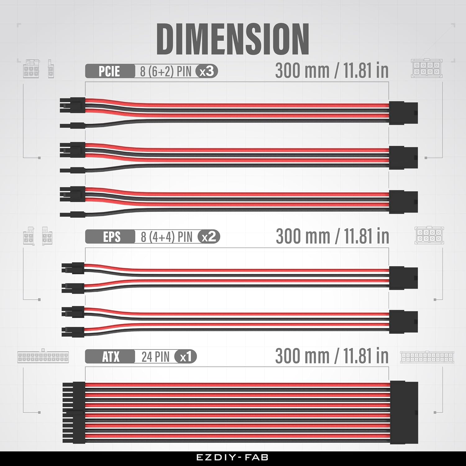KIT DE EXTENSIÓN DE FUENTE DE PODER EZDIY-FAB 16AWG 300MM 24 PINES/2XEPS/3XPCIE NEGRO Y ROJO - 2