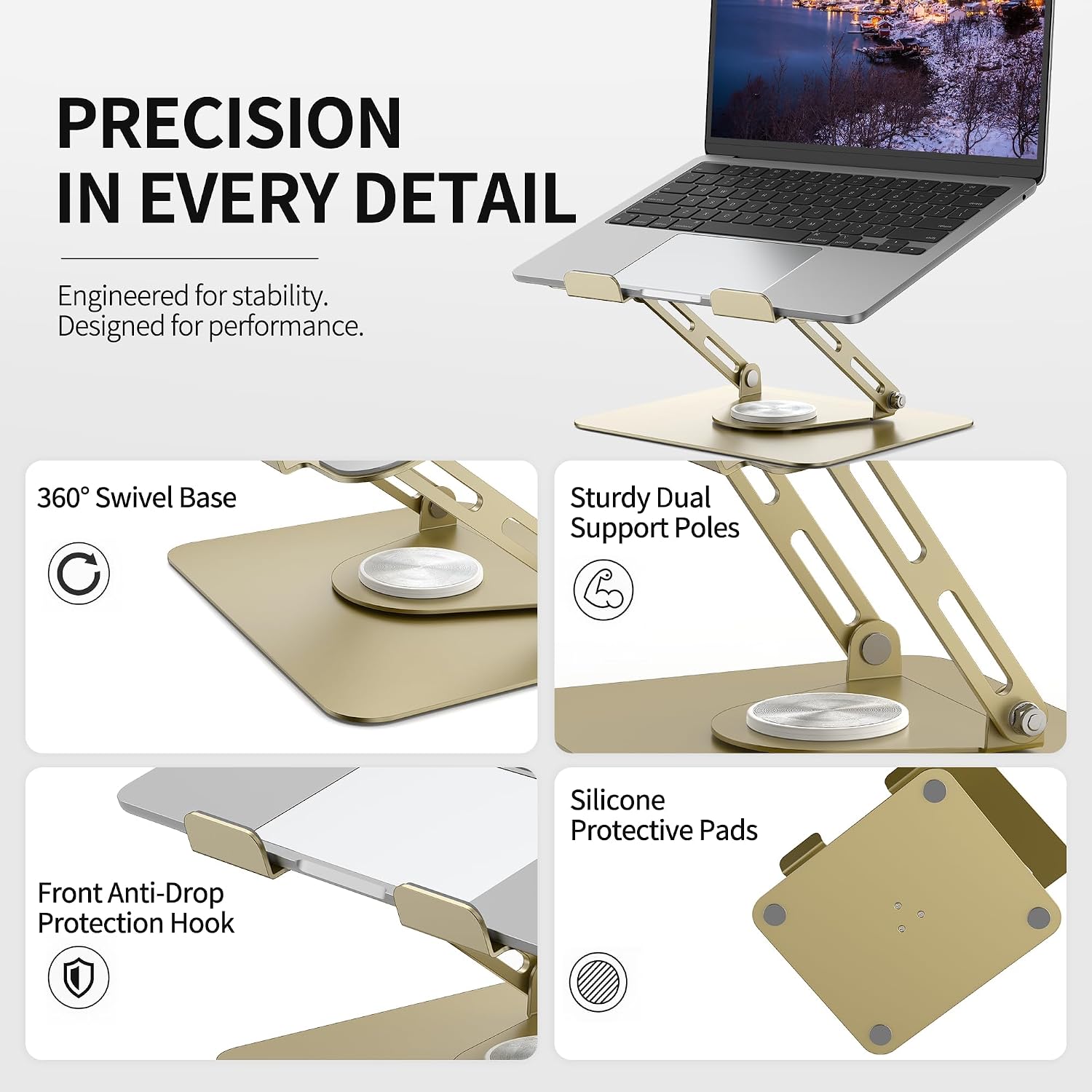 SOPORTE PARA LAPTOP ALASHI CON BASE GIRATORIA 360°, AJUSTABLE Y PLEGABLE, COMPATIBLE CON LAPTOPS DE 10 A 17 PULGADAS, DORADO - 4