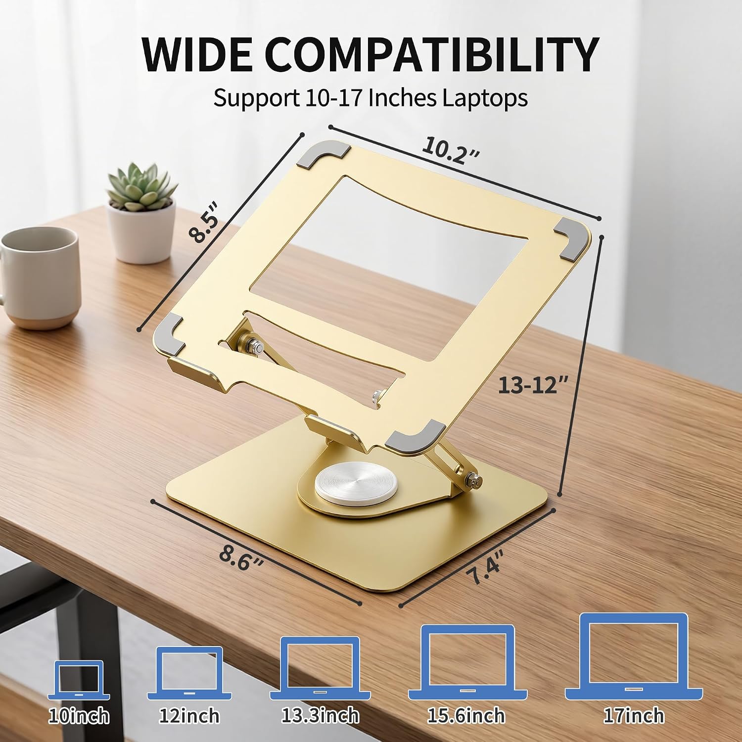 SOPORTE PARA LAPTOP ALASHI CON BASE GIRATORIA 360°, AJUSTABLE Y PLEGABLE, COMPATIBLE CON LAPTOPS DE 10 A 17 PULGADAS, DORADO - 5