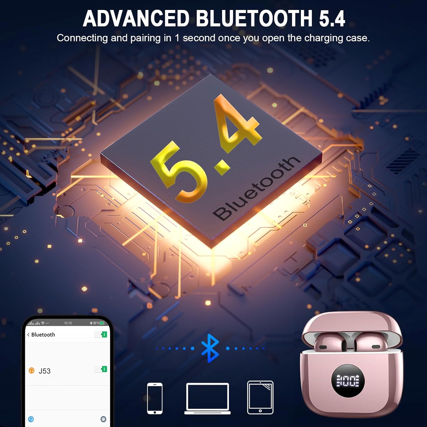AUDÍFONOS TRUE WIRELESS JXREV J53 BLUETOOTH 5.4 CON CANCELACIÓN DE RUIDO Y ESTUCHE CON PANTALLA LED - 3