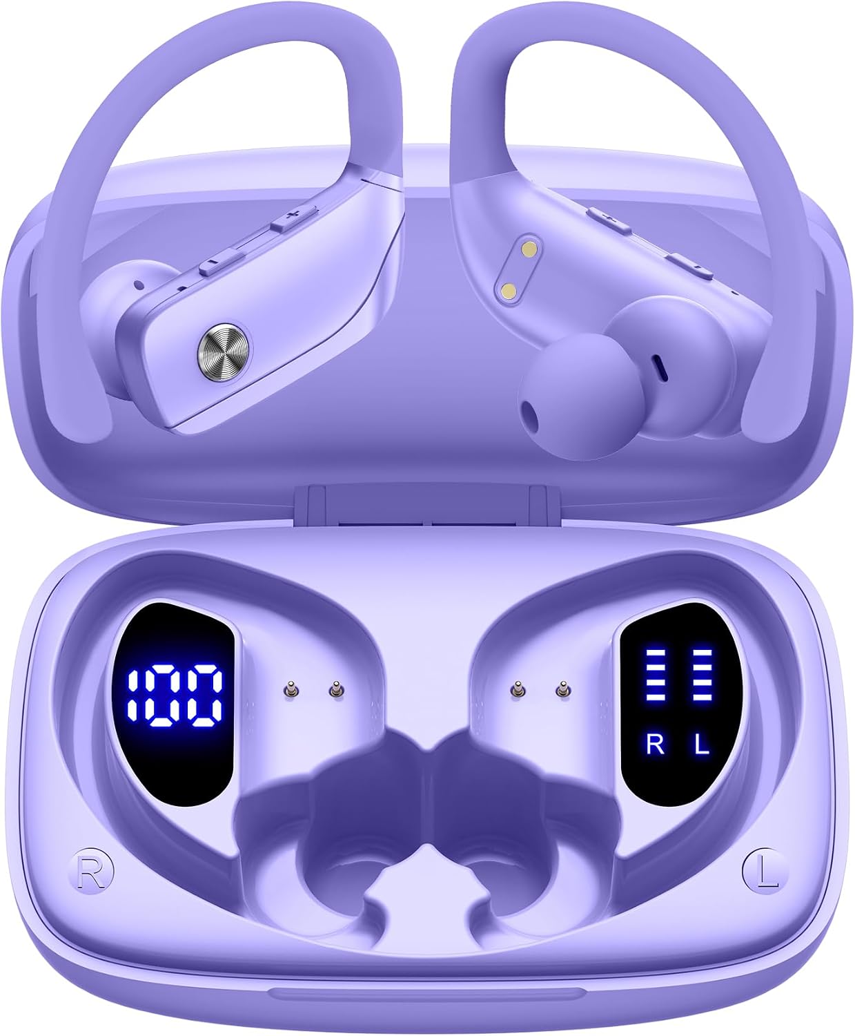 AUDÍFONOS INALÁMBRICOS BMANI EAR BUDS BLUETOOTH MORADO CON ESTUCHE LED Y GANCHO - 1
