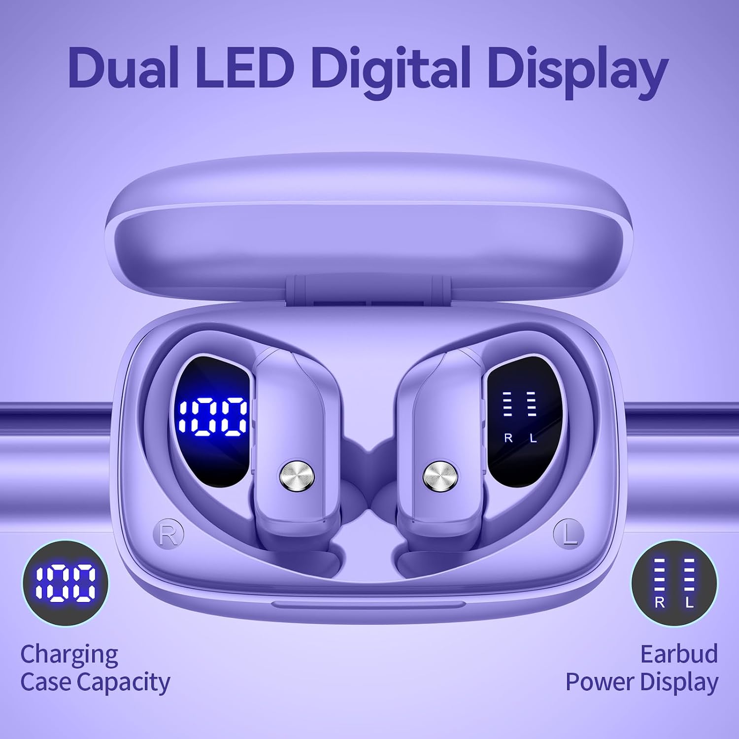 AUDÍFONOS INALÁMBRICOS BMANI EAR BUDS BLUETOOTH MORADO CON ESTUCHE LED Y GANCHO - 2