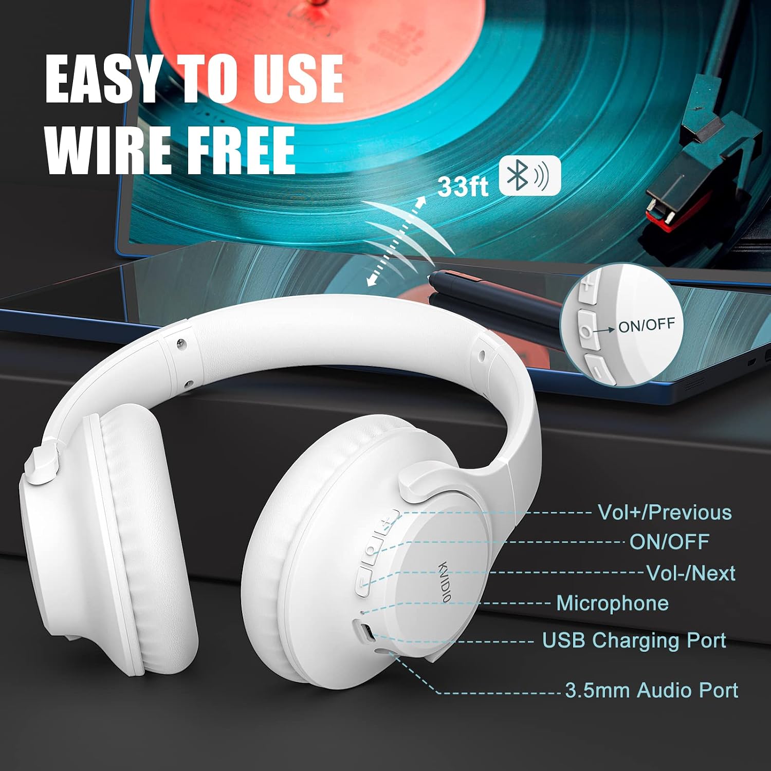 AUDÍFONOS BLUETOOTH KVIDIO OVER EAR 65H DE REPRODUCCIÓN - 3