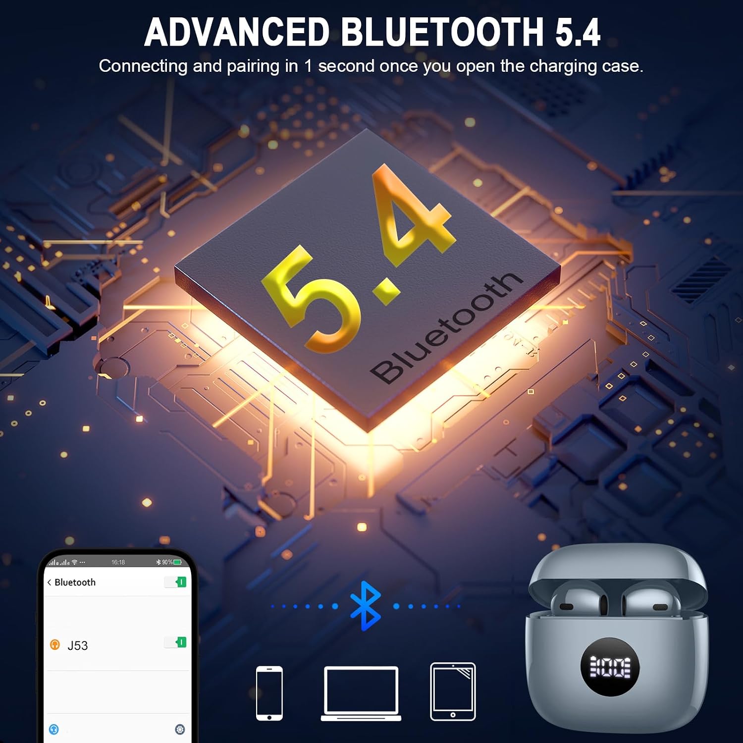 AUDÍFONOS TRUE WIRELESS JXREV J53 BLUETOOTH 5.4 CON CANCELACIÓN DE RUIDO Y ESTUCHE CON PANTALLA LED - 3