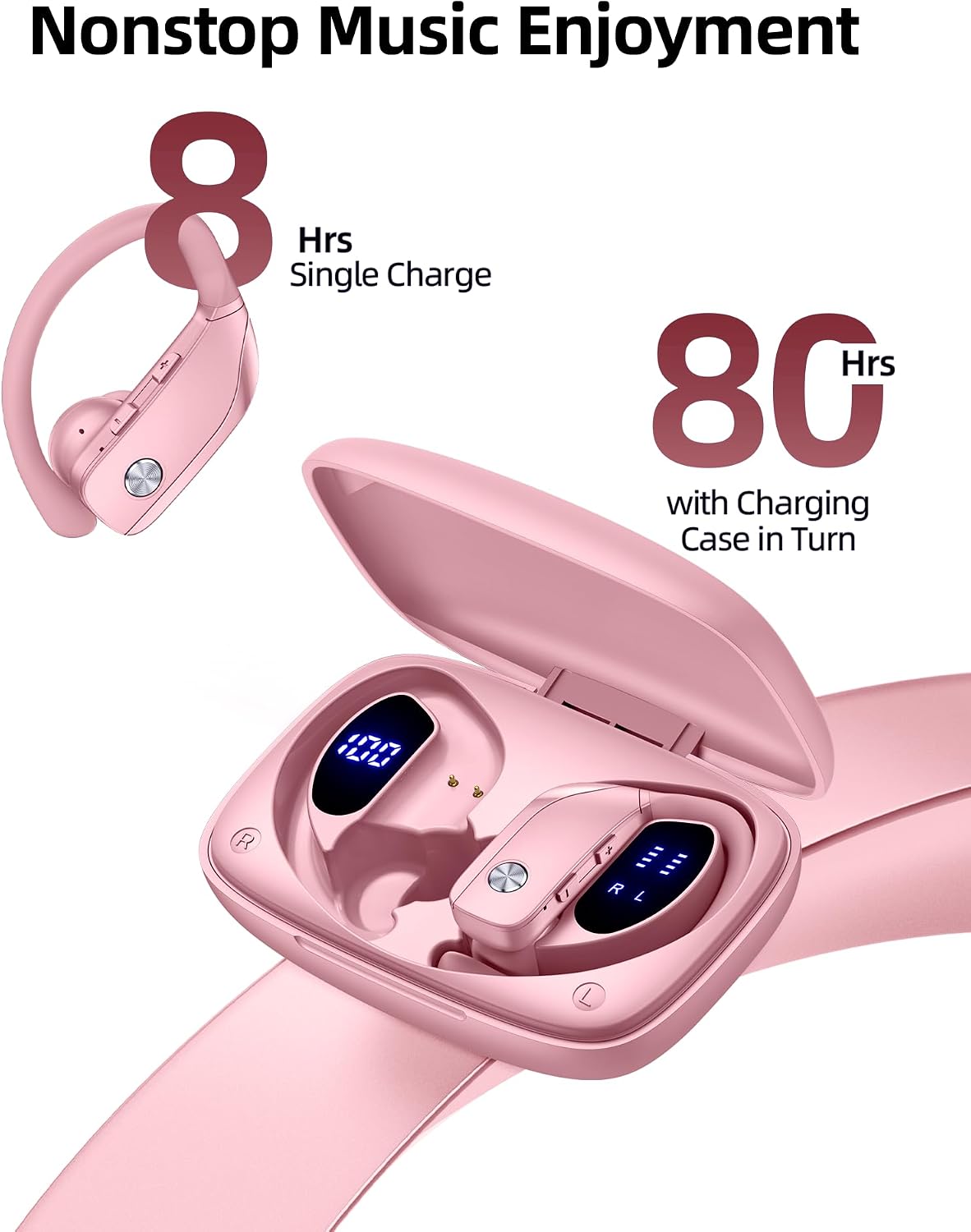 AUDÍFONOS INALÁMBRICOS BMANL T16 BLUETOOTH CON GANCHO Y 80 HORAS DE REPRODUCCIÓN ROSA - 2