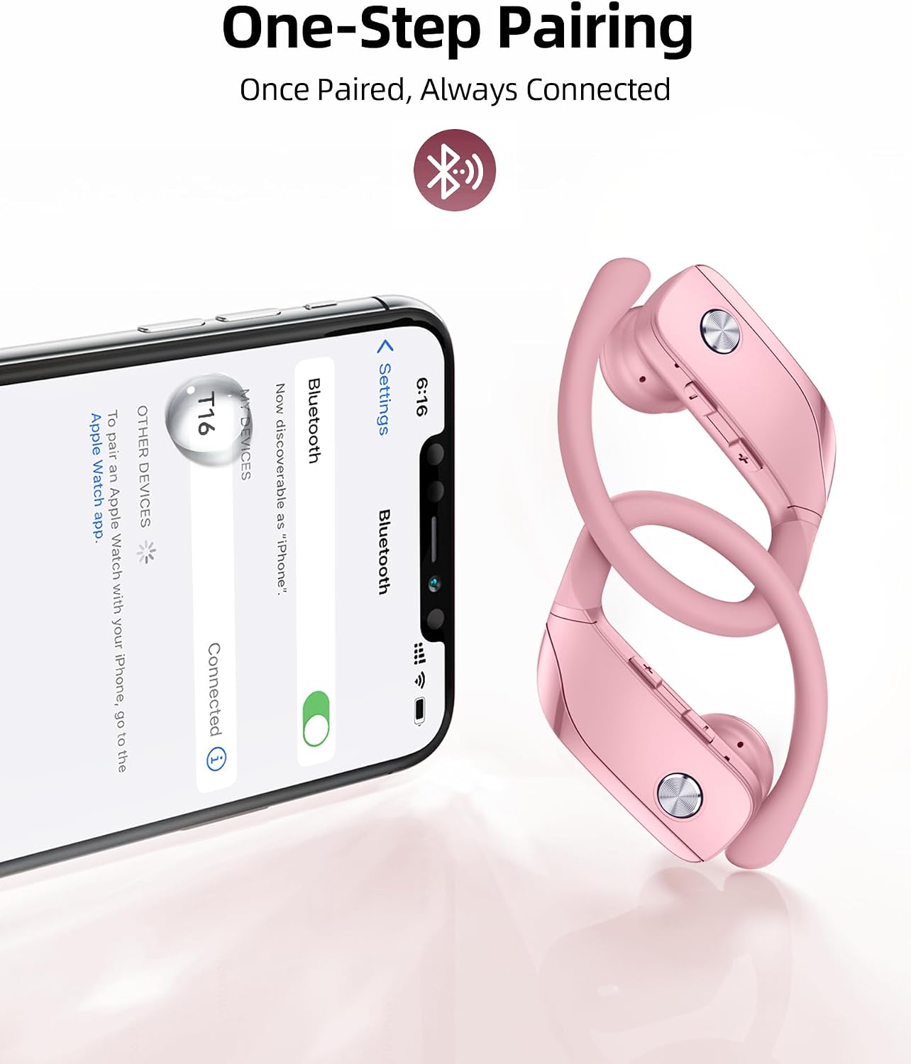 AUDÍFONOS INALÁMBRICOS BMANL T16 BLUETOOTH CON GANCHO Y 80 HORAS DE REPRODUCCIÓN ROSA - 4
