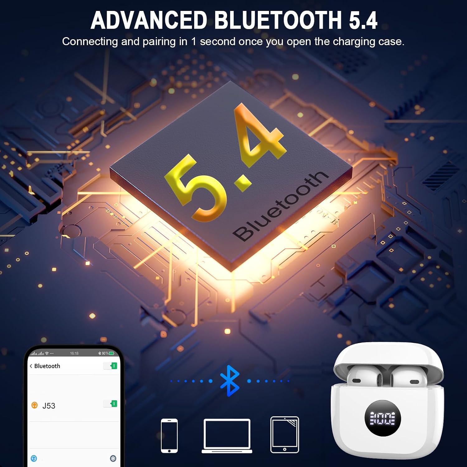 AUDÍFONOS INALÁMBRICOS JXREV J53 BLUETOOTH 5.4 CON ESTUCHE Y PANTALLA LED - 3