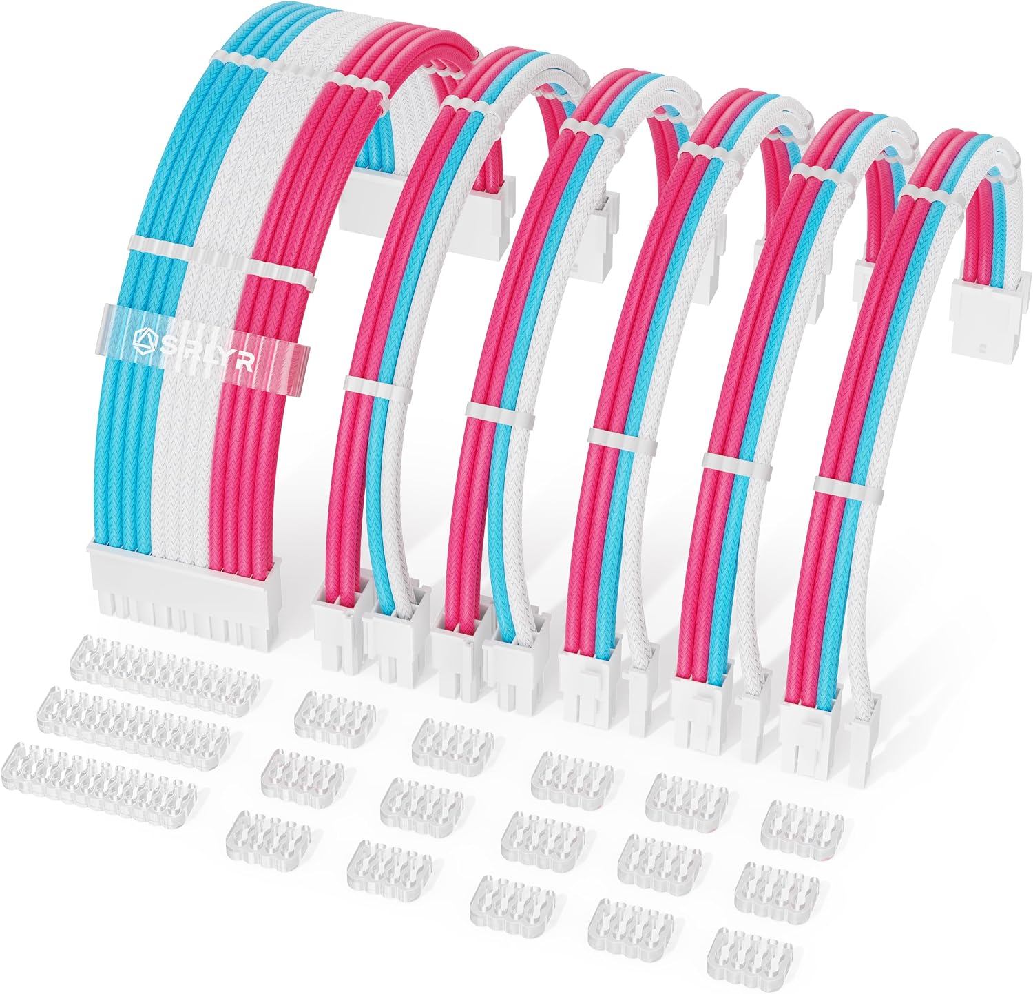 KIT DE EXTENSIÓN DE FUENTE DE PODER SIRLYR 24/8PIN CON TERMINALES DORADOS ROSA/AZUL/BLANCO - 1