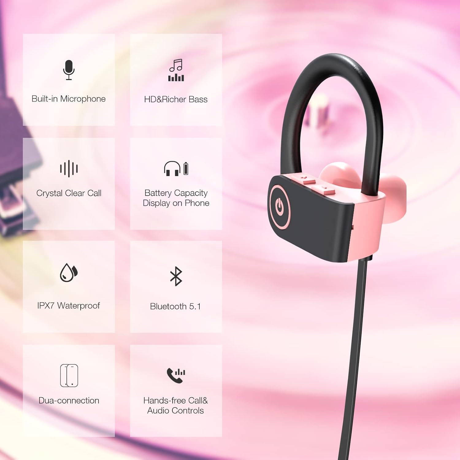 AUDÍFONOS BLUETOOTH BOEAN IPX7 WATERPROOF PARA RUNNING CON 16 HORAS DE REPRODUCCIÓN - 3