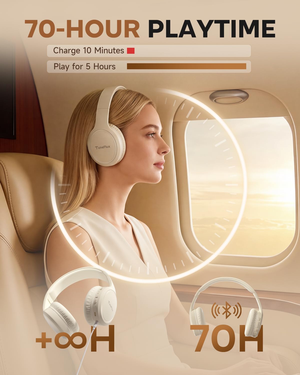 AUDÍFONOS BLUETOOTH TUNEFLUX T7 OVER-EAR BEIGE 70 HORAS - 2