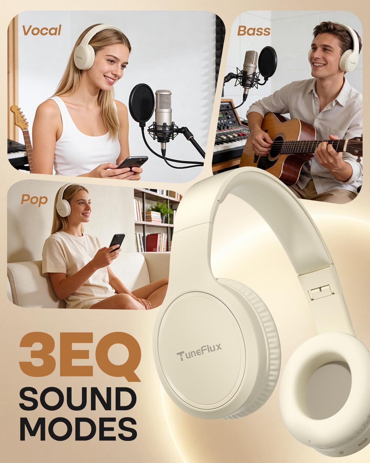 AUDÍFONOS BLUETOOTH TUNEFLUX T7 OVER-EAR BEIGE 70 HORAS - 5