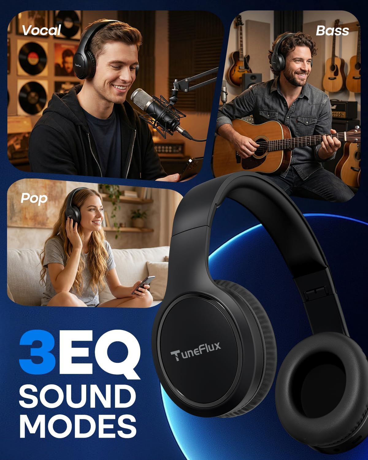 AUDÍFONOS BLUETOOTH TUNEFLUX T7 OVER-EAR 70 HORAS NEGRO - 5