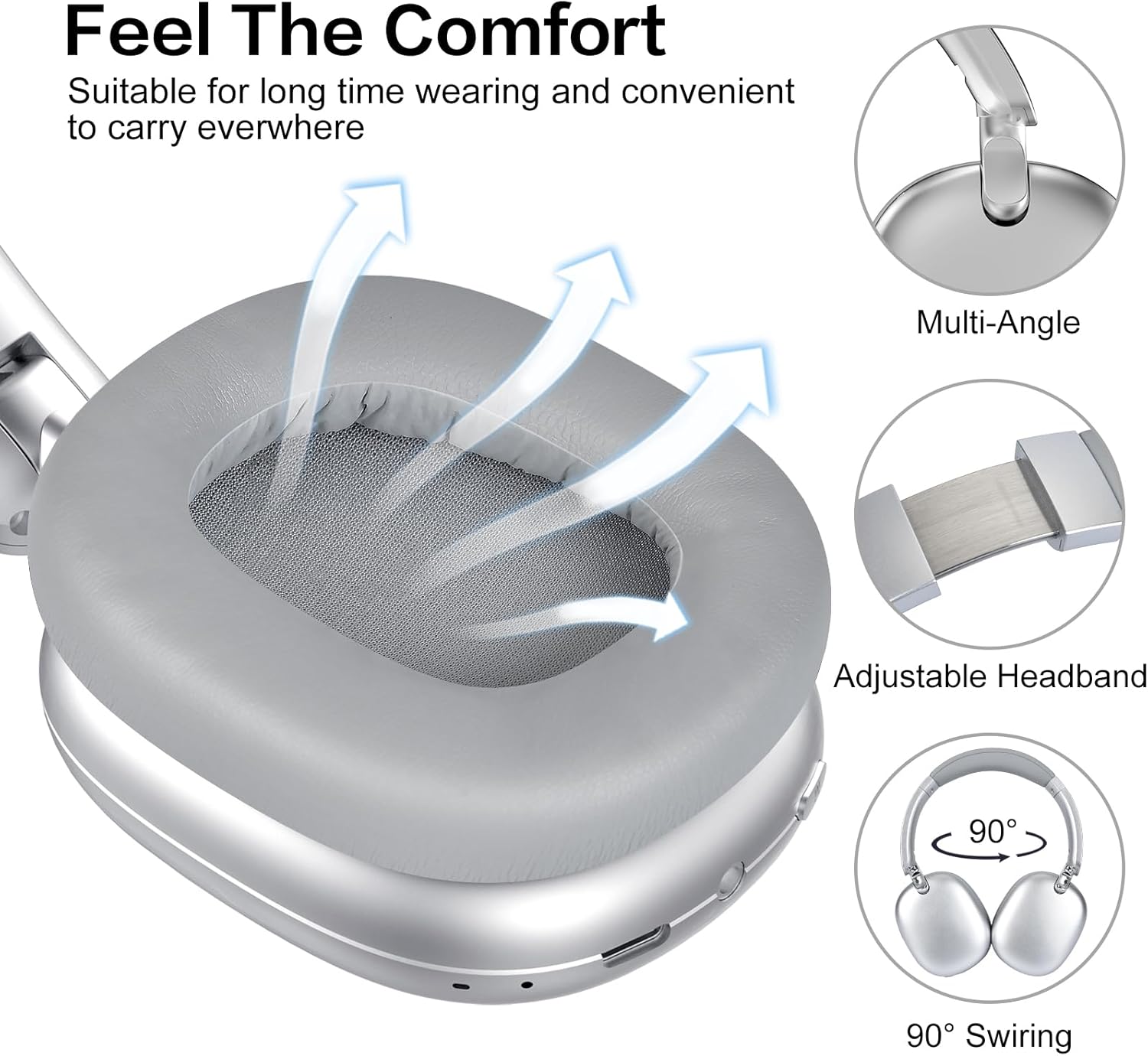 AUDÍFONOS OVER EAR RORSOU C6 CON CANCELACIÓN ACTIVA DE RUIDO BLUETOOTH PLATA - 4