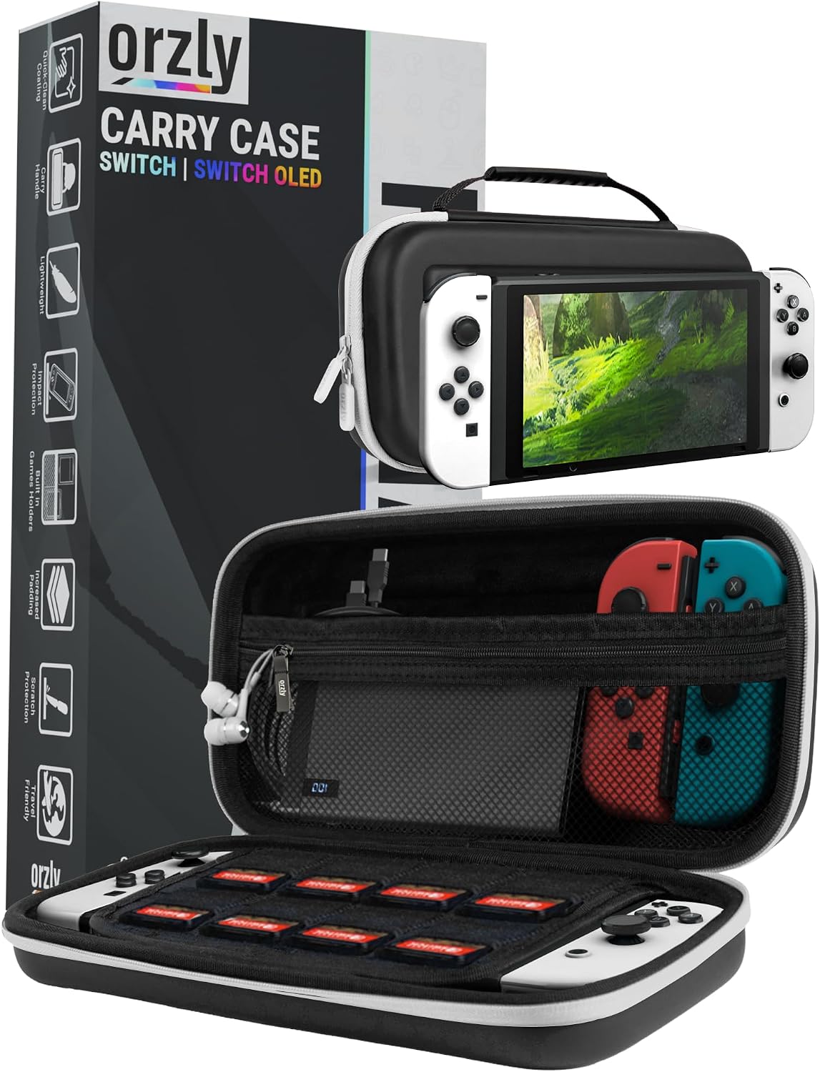 ESTUCHE ORZLY PARA NINTENDO SWITCH OLED CON COMPARTIMENTOS PARA ACCESORIOS Y JUEGOS NEGRO - 1