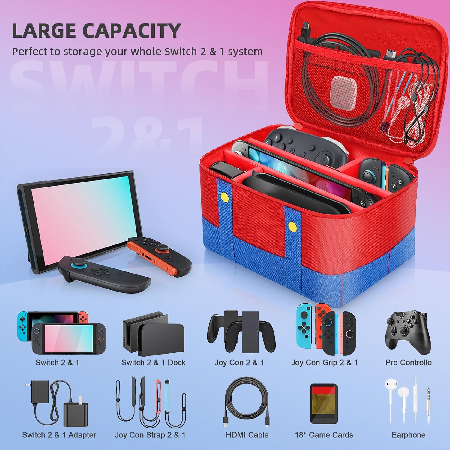 ESTUCHE PARA NINTENDO SWITCH VADAXX ROJO GRANDE IMPERMEABLE Y PORTÁTIL - 3