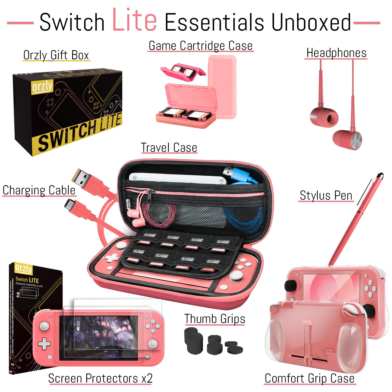KIT DE ACCESORIOS ORZLY PARA NINTENDO SWITCH LITE CORAL - 3