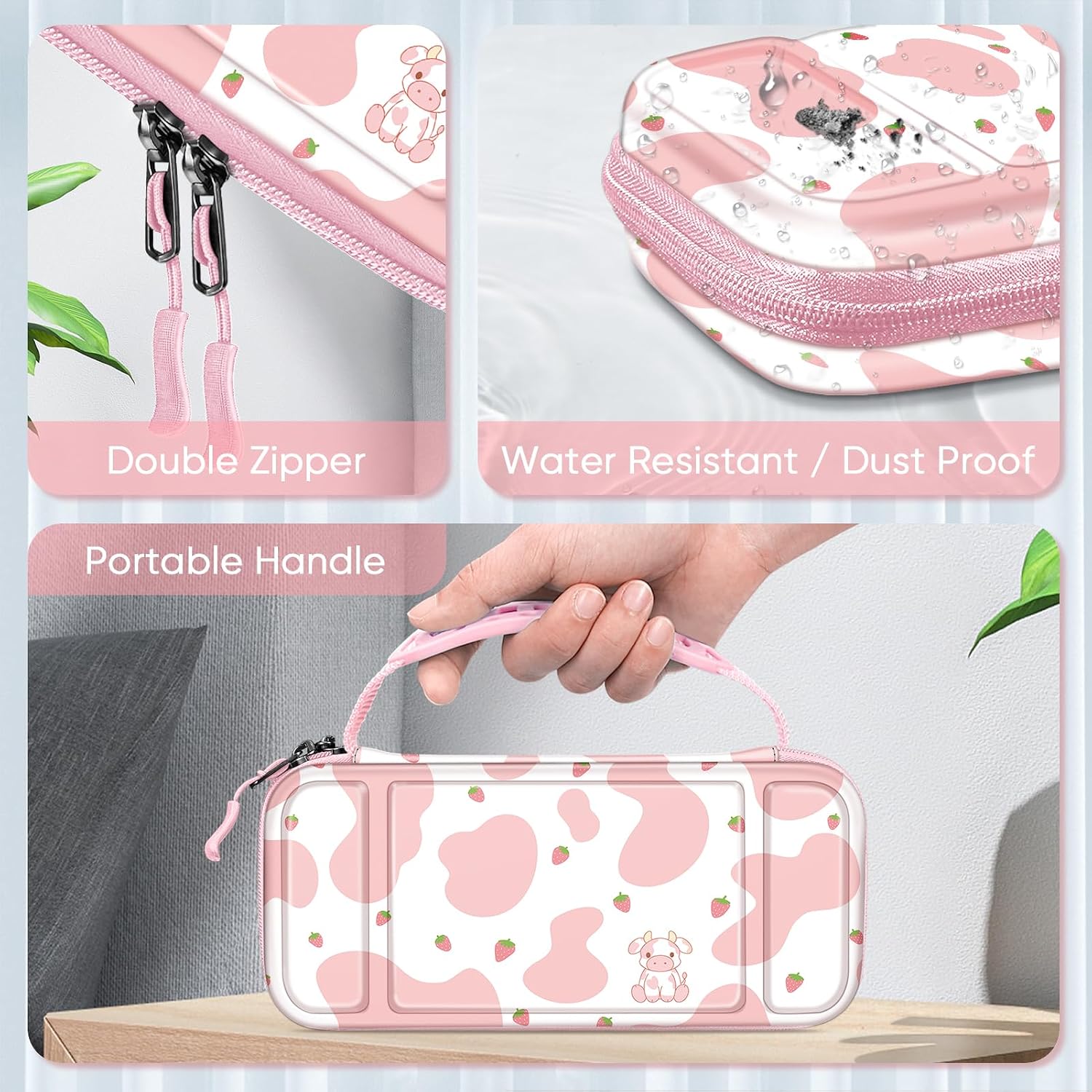 ESTUCHE PROTECTOR FINTIE PARA NINTENDO SWITCH LITE 2019 COLOR FRESA CON DISEÑO DE VACA - 4