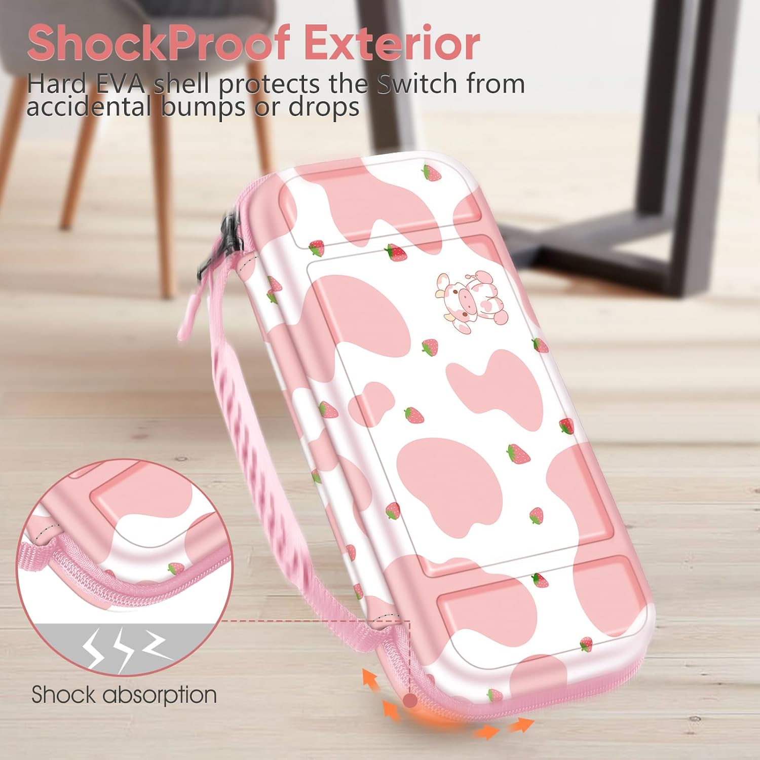 ESTUCHE PROTECTOR FINTIE PARA NINTENDO SWITCH LITE 2019 COLOR FRESA CON DISEÑO DE VACA - 5