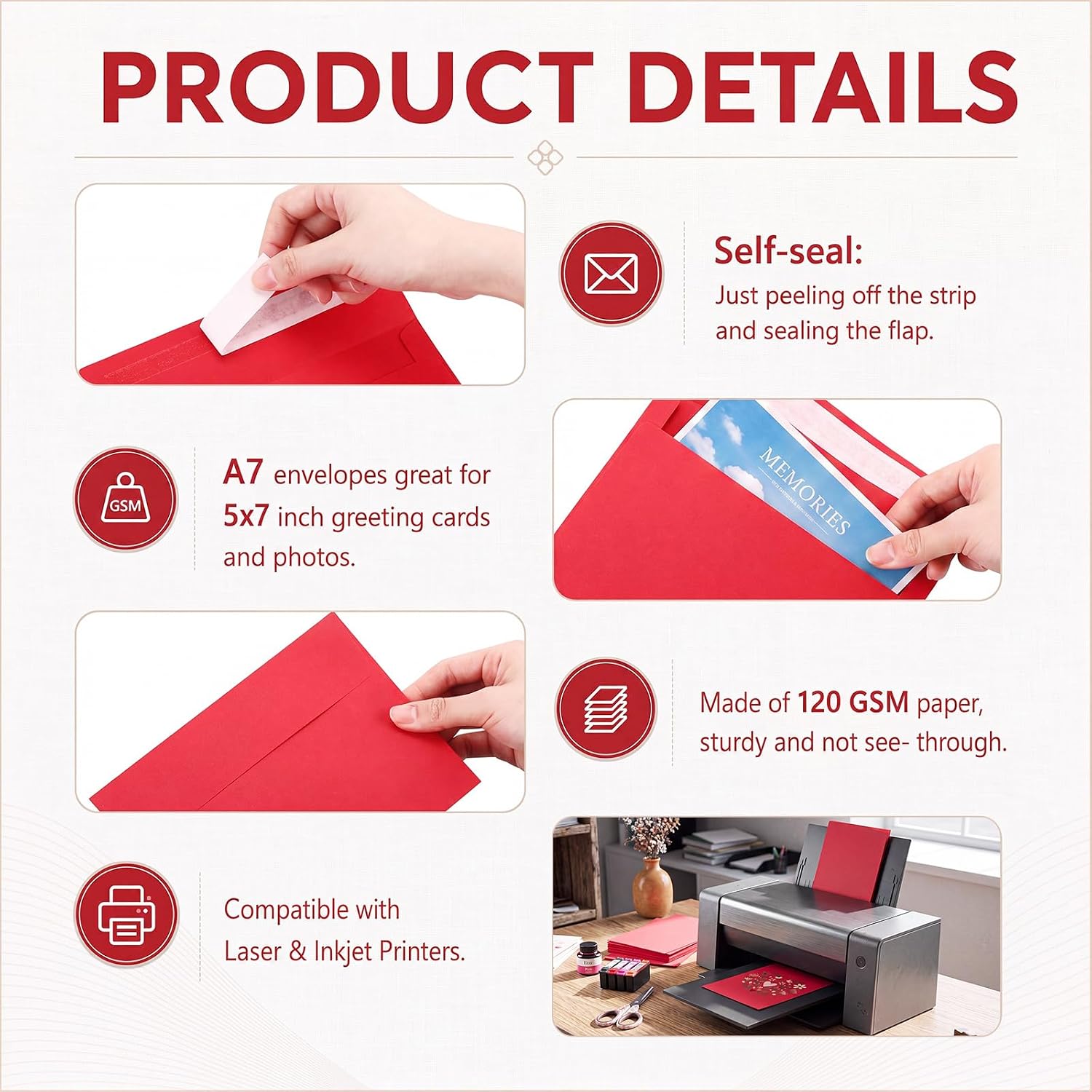 SOBRES PARA INVITACIONES CTOSREE A7 200 UNIDADES ROJO 120 GSM - 5