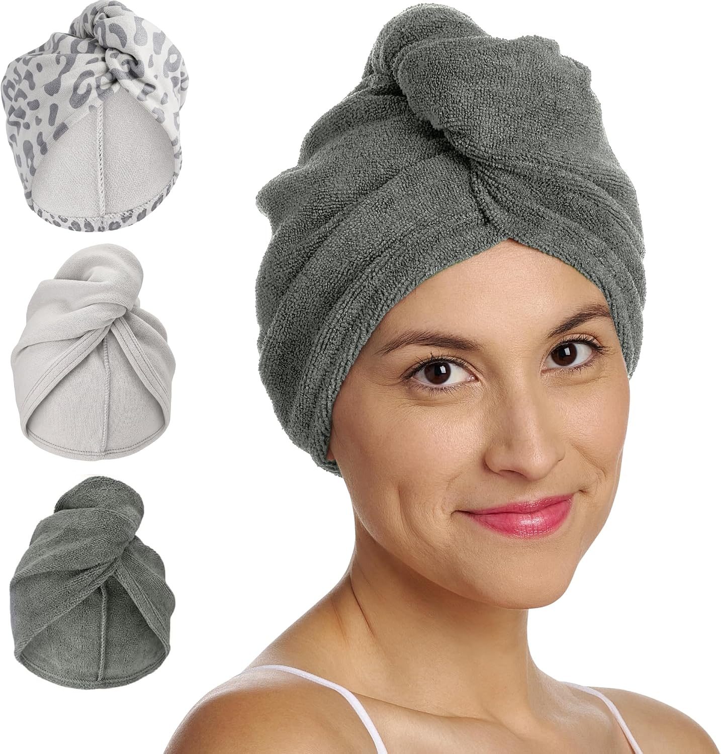 TOALLA PARA CABELLO TURBIE TWIST MICROFIBER 3 UNIDADES GRIS CLARO, GRIS OSCURO Y ANIMAL PRINT - 1