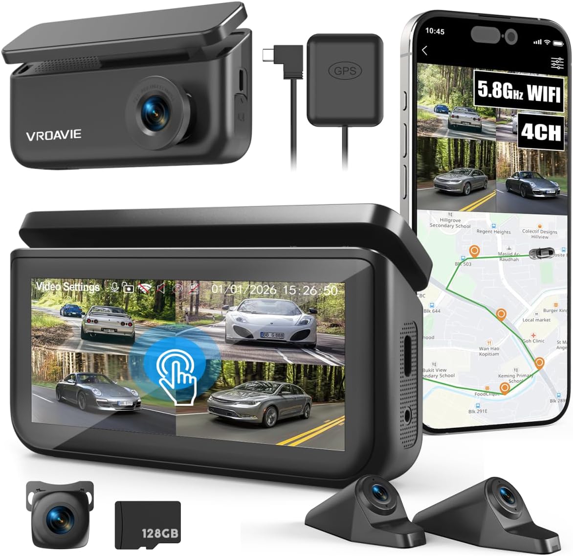 CÁMARA PARA AUTO VROAVIE 4 CANALES 360° CON PANTALLA TÁCTIL 4 PULGADAS - 1