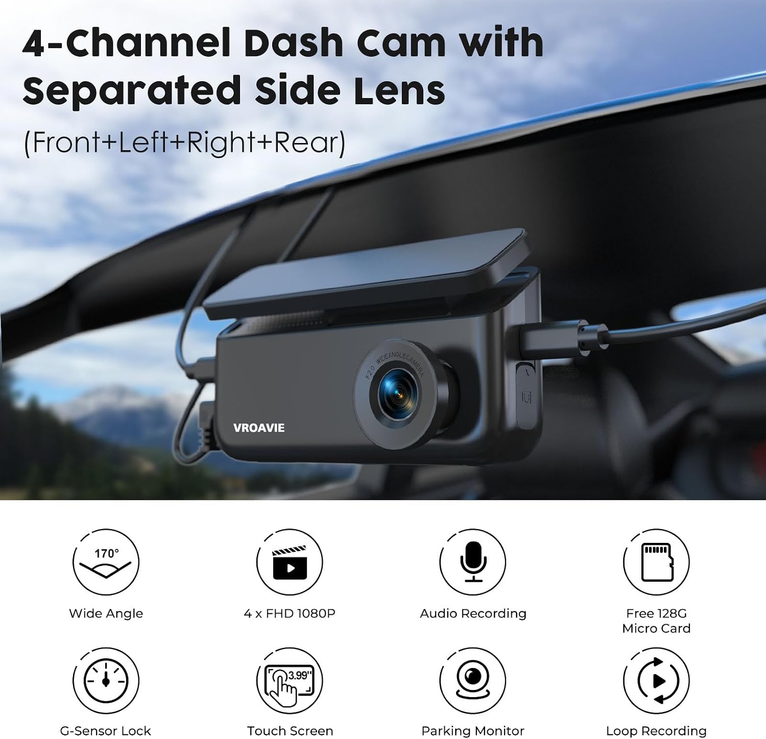 CÁMARA PARA AUTO VROAVIE 4 CANALES 360° CON PANTALLA TÁCTIL 4 PULGADAS - 2
