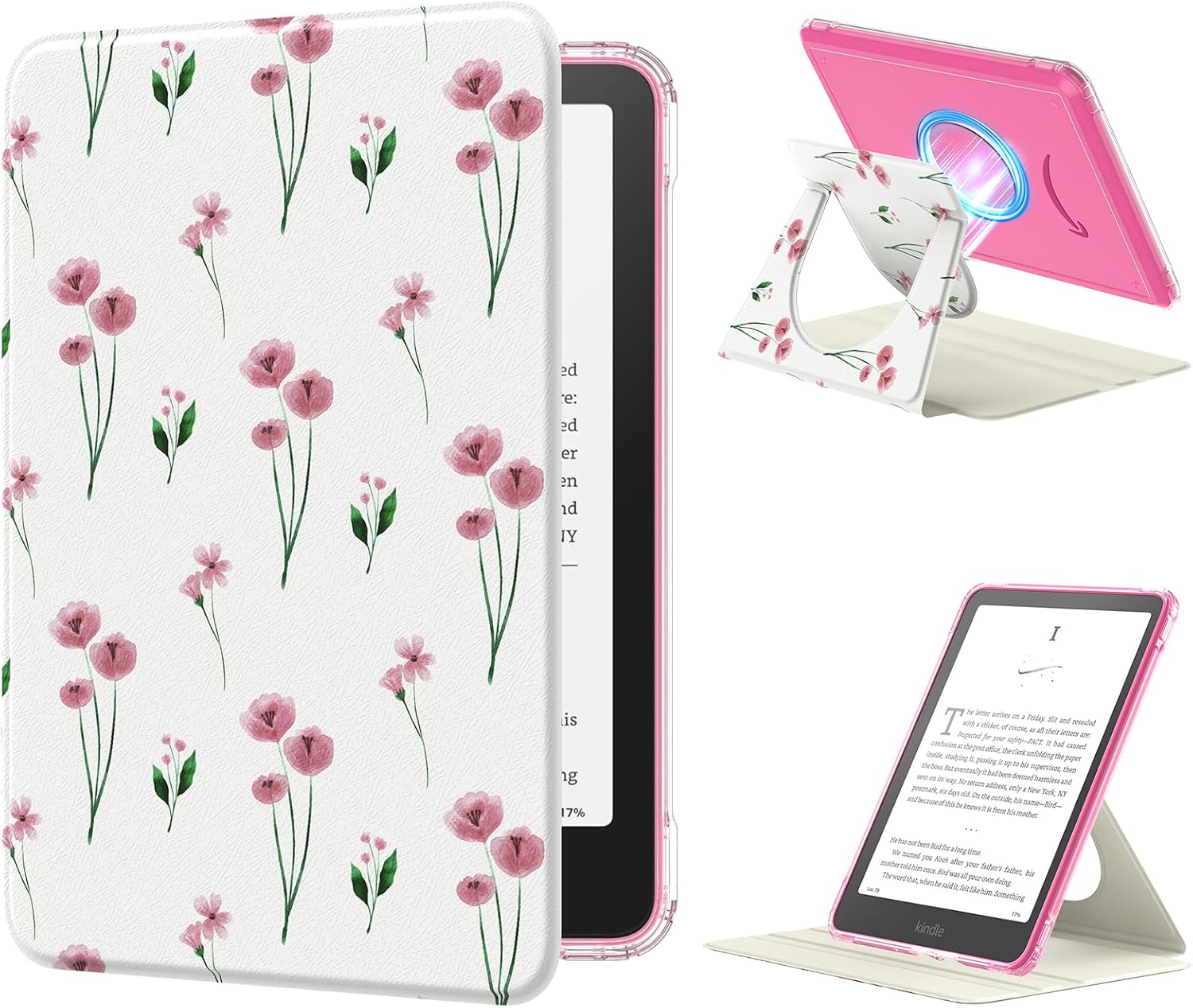 ESTUCHE MOKO 360° ROTATIVO DESMONTABLE PARA EBOOK READER 7' FLORES ROSADAS - 1