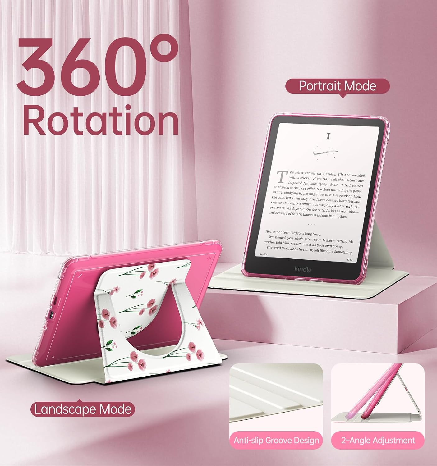 ESTUCHE MOKO 360° ROTATIVO DESMONTABLE PARA EBOOK READER 7' FLORES ROSADAS - 4