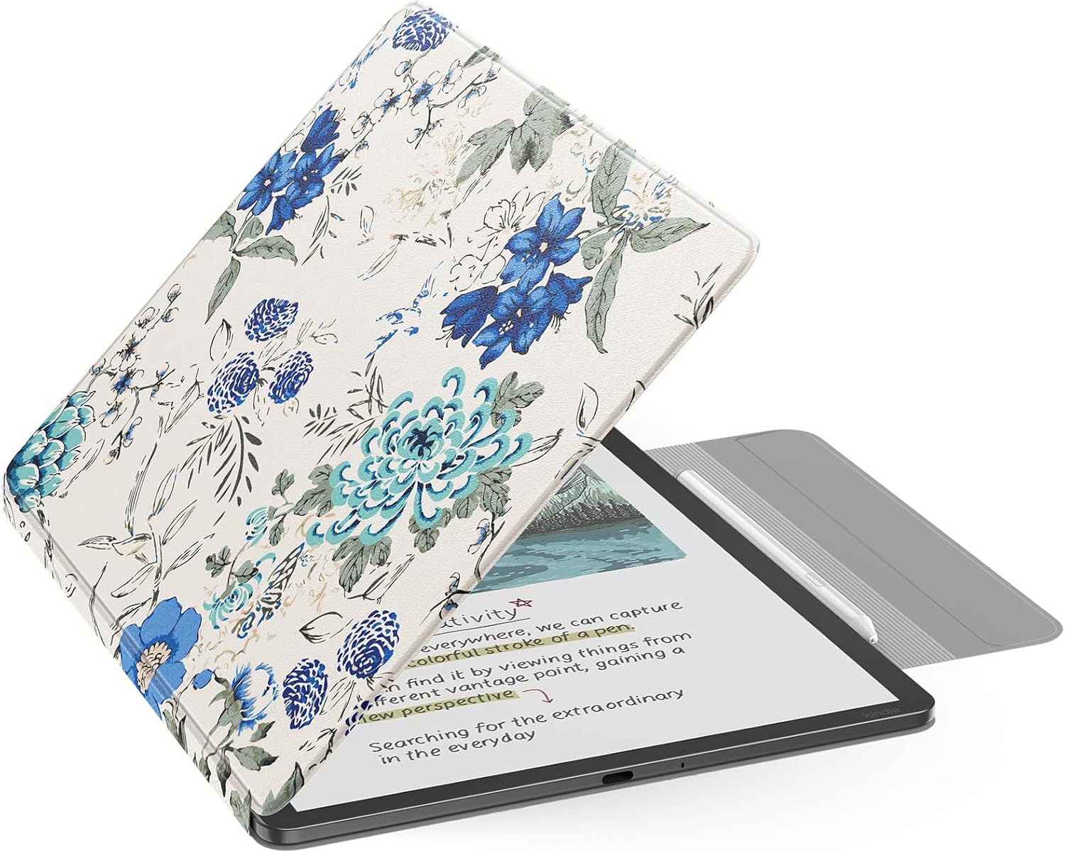ESTUCHE MOKO PARA KINDLE SCRIBE 11' 3RA GENERACIÓN Y COLORSOFT 1RA GENERACIÓN BLANCO AZUL FLORAL - 1
