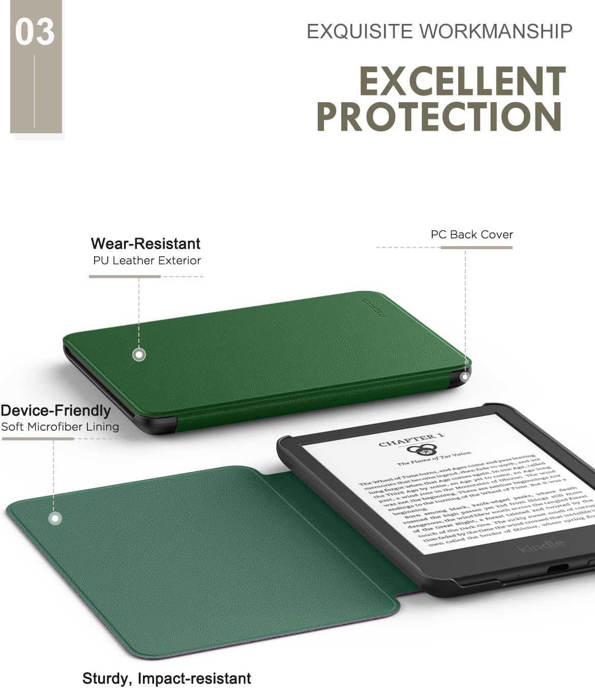 ESTUCHE MOKO PARA AMAZON KINDLE BASIC 6' 11ª GEN 2024/2022 VERDE HOJA DE LOTO - 4