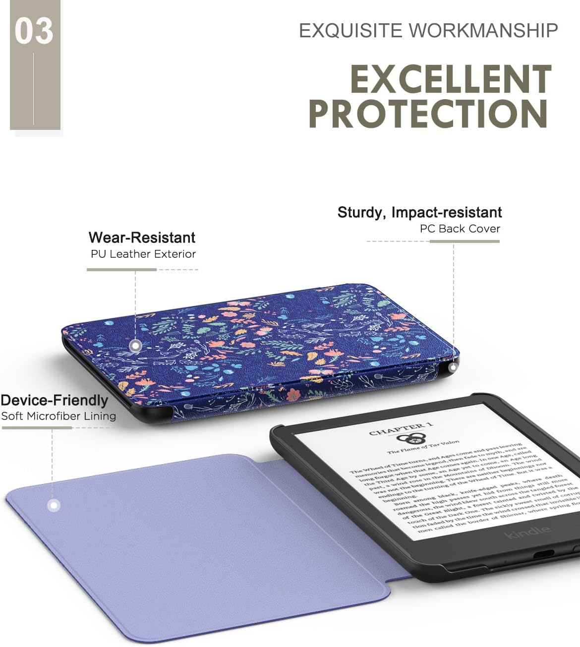 ESTUCHE MOKO PARA AMAZON KINDLE BASIC 6' 11ª GEN 2024/2022 FLORES AZUL - 4