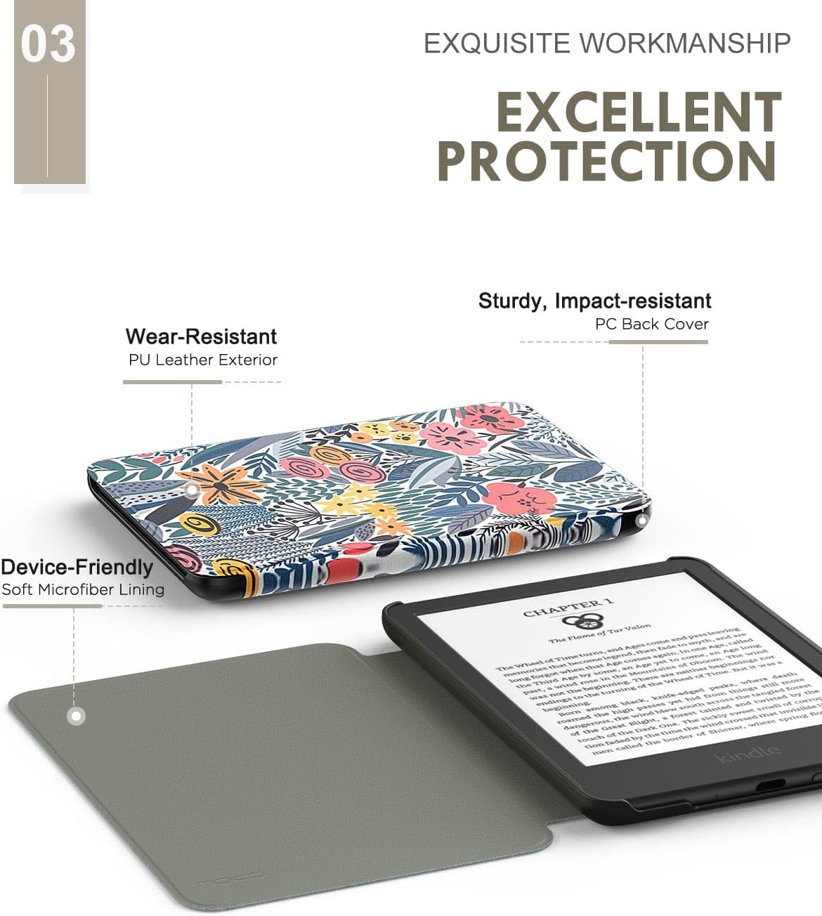 ESTUCHE MOKO PARA AMAZON KINDLE BASIC 6' 11ª GEN 2024/2022 AZUL CON DISEÑO FLORAL - 4
